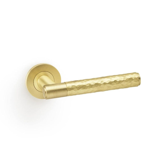 Alexander & Wilks Handles Satin Brass AW - Spitfire Hammered Lever on Round Rose