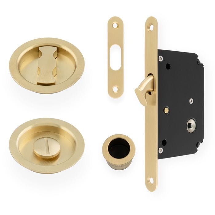 Alexander & Wilks Turn & Release Satin Brass PVD Radius Sliding Door Lock Set