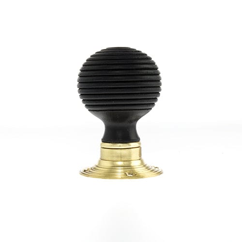 Atlantic Knobs Polished Brass Old English Whitby Ebony Wood Reeded Mortice Knob on 60mm Face Fix Rose