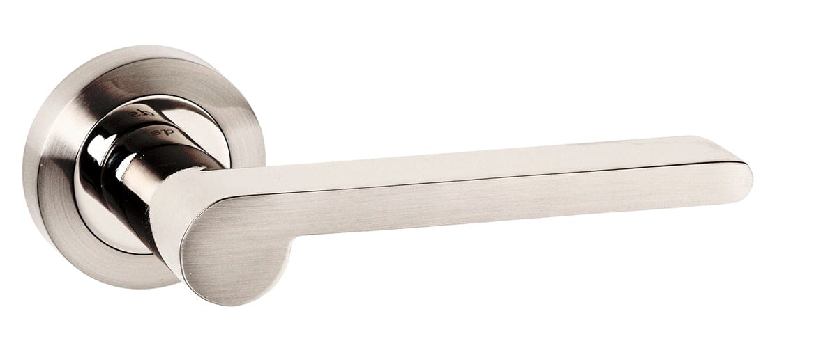 Atlantic Handles Satin Nickel/Polished Nickel Senza Pari Darrio Designer Lever on Round Rose