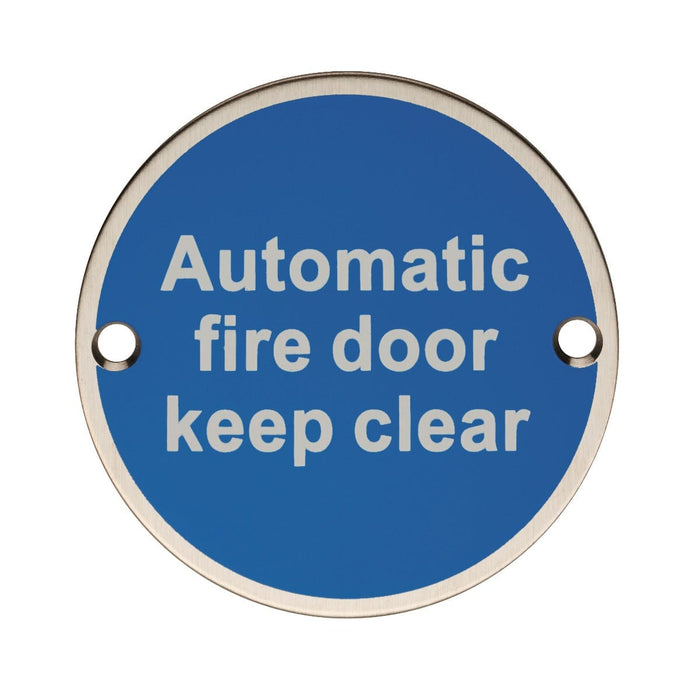 Carlisle Brass Signs BRIGHT STAINLESS STEEL 76 X 1.5MM AUTOMATIC FIRE DOOR KEEP CLEAR SIGN - FACE FIX