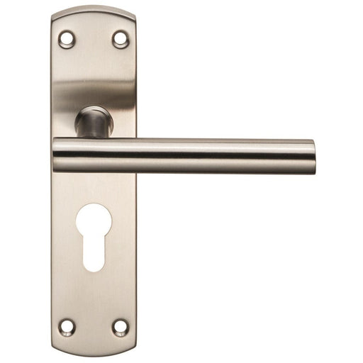 Carlisle Brass Handles Satin Stainless Steel Steelworx Mitred - T Csl Lever On Backplate - Lock Euro Profile 47.5Mm C/C  (172 X 44Mm)  - Satin