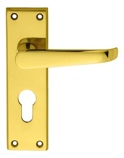 Carlisle Brass Handles Polished Brass Victorian Flat Lever On Backplate - Lock Euro Profile 47.5Mm C/C (Contract Range) 155Mm X 40Mm