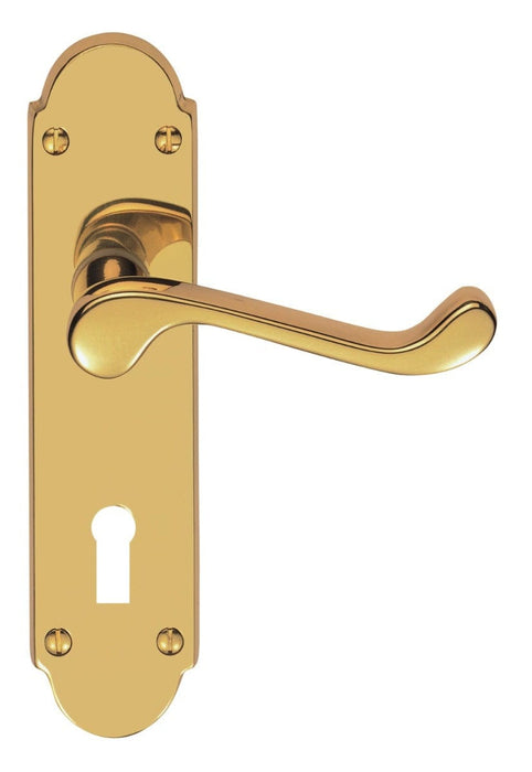 Carlisle Brass Handles Polished Brass Victorian Scroll Lever On Shaped Backplate - Lock 57Mm C/C (Contract Range) 203Mm X 48Mm