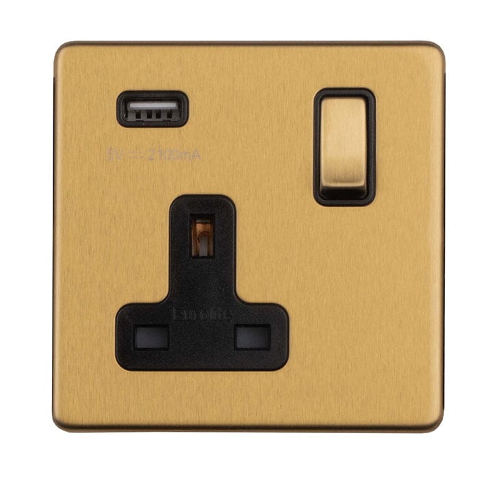 Eurolite Plug Sockets Satin Brass Concealed 3mm 1 Gang Switched Socket With Usb - Satin Brass