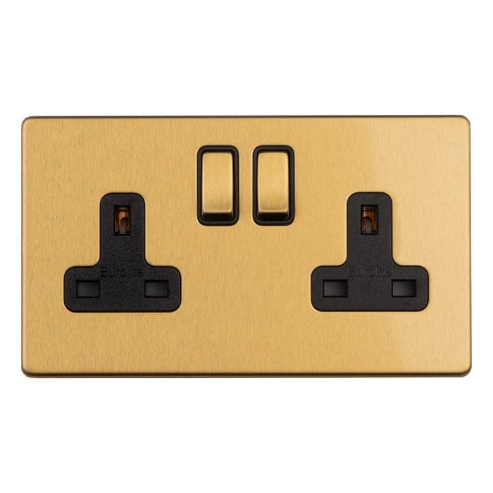 Eurolite Plug Sockets Satin Brass Concealed 3mm 2 Gang 13Amp Switched Socket - Satin Brass