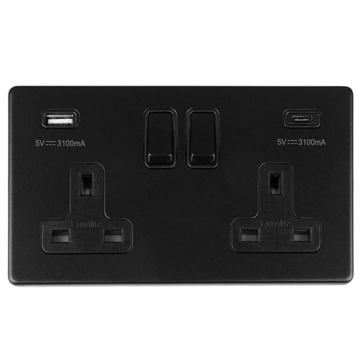 Eurolite Plug Sockets Matt Black Concealed 3mm 2 Gang 13Amp Switched Socket With Usb C Matt Black - Matt Black