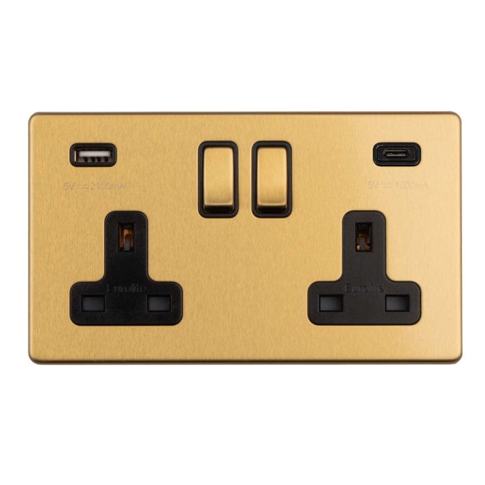 Eurolite Plug Sockets Satin Brass Concealed 3mm 2 Gang 13Amp Switched Socket With Usb C Satin Brass - Satin Brass