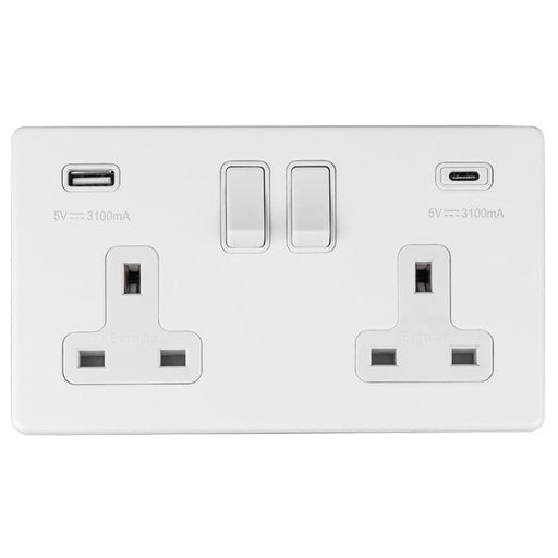 Eurolite Plug Sockets Matt White Concealed 3mm 2 Gang 13Amp Switched Socket With Usb C White - Matt White