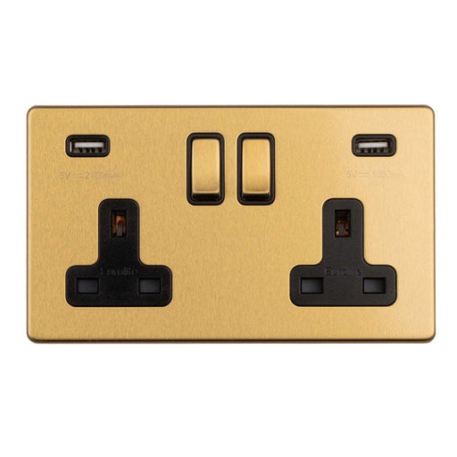 Eurolite Plug Sockets Satin Brass Concealed 3mm 2 Gang 13Amp Switched Socket With Usb - Satin Brass