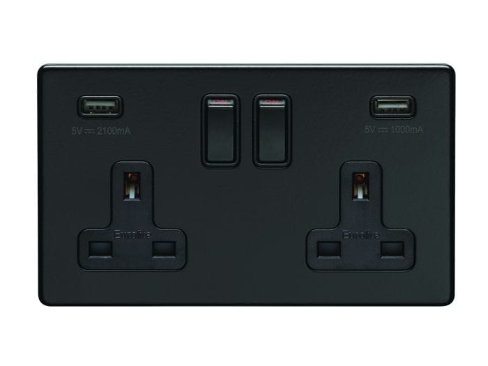 Eurolite Plug Sockets Matt Black Concealed 3mm 2 Gang Usb Socket - Matt Black