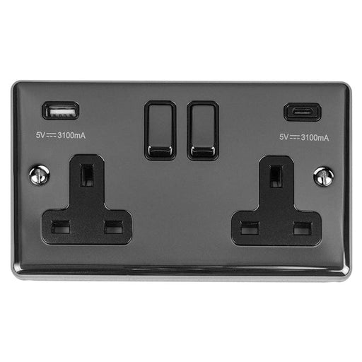 Eurolite Plug Sockets Black Nickel Enhance Decorative 2 Gang 13Amp Switched Socket With Usb C Black Nickel - Black Nickel