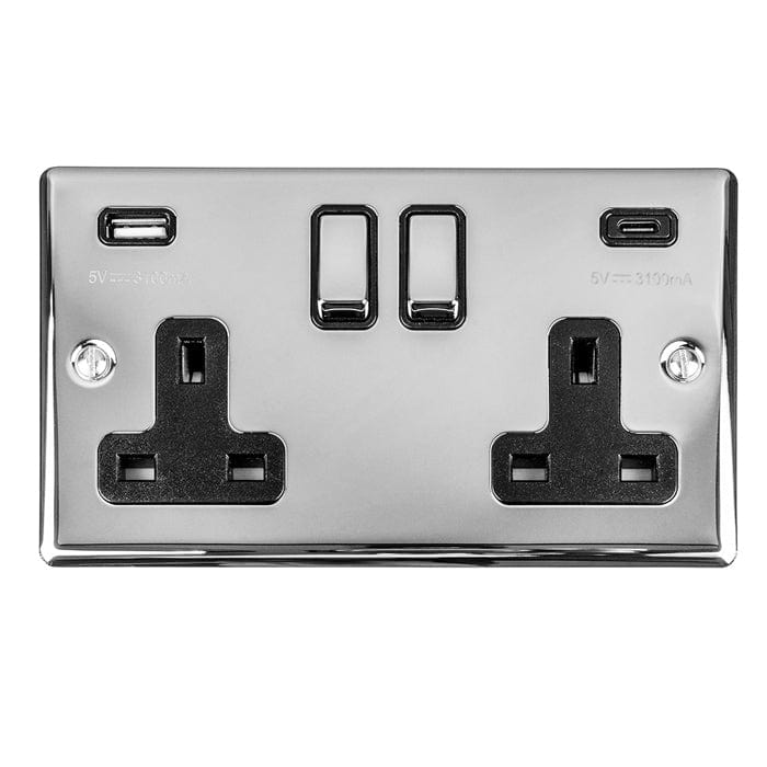 Eurolite Plug Sockets Polished Chrome Enhance Decorative 2 Gang 13Amp Switched Socket With Usb C Polished Chrome - Polished Chrome