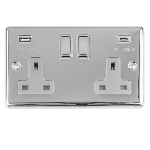 Eurolite Plug Sockets Polished Chrome Enhance Decorative 2 Gang 13Amp Switched Socket With Usb C Polished Chrome - Polished Chrome