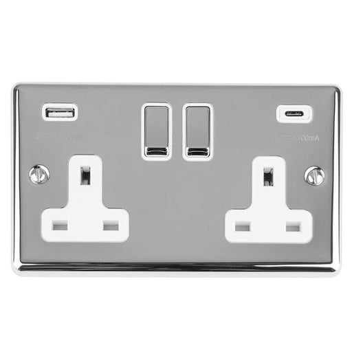 Eurolite Plug Sockets Polished Chrome Enhance Decorative 2 Gang 13Amp Switched Socket With Usb C Polished Chrome - Polished Chrome