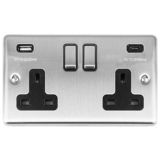 Eurolite Plug Sockets Satin Stainless Enhance Decorative 2 Gang 13Amp Switched Socket With Usb C Stainless Steel - Satin Stainless