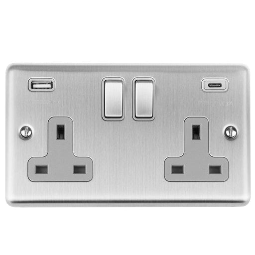 Eurolite Plug Sockets Satin Stainless Enhance Decorative 2 Gang 13Amp Switched Socket With Usb C Stainless Steel - Satin Stainless