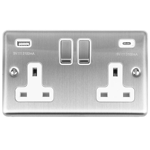 Eurolite Plug Sockets Satin Stainless Enhance Decorative 2 Gang 13Amp Switched Socket With Usb C Stainless Steel - Satin Stainless