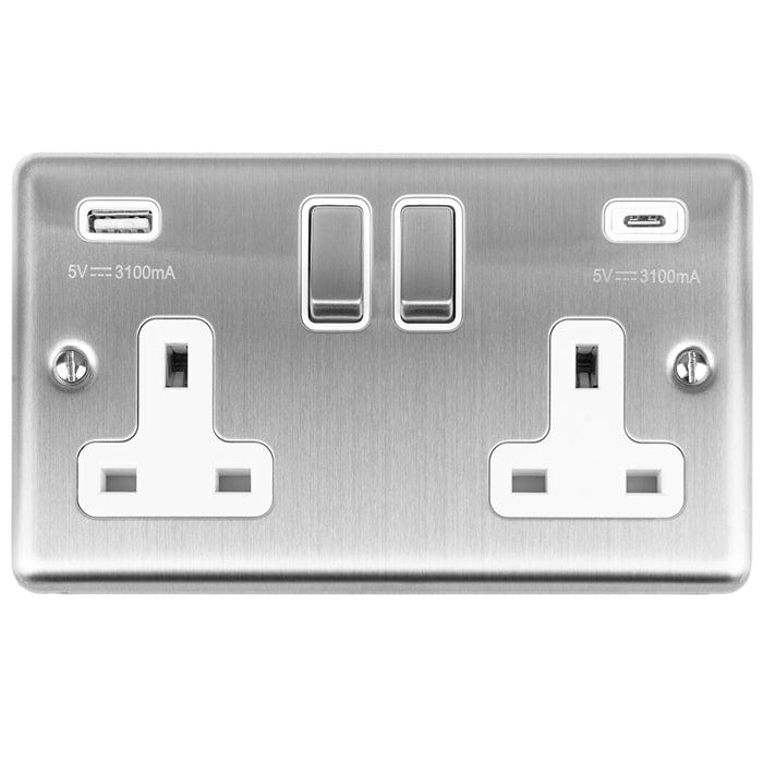 Eurolite Plug Sockets Satin Stainless Enhance Decorative 2 Gang 13Amp Switched Socket With Usb C Stainless Steel - Satin Stainless