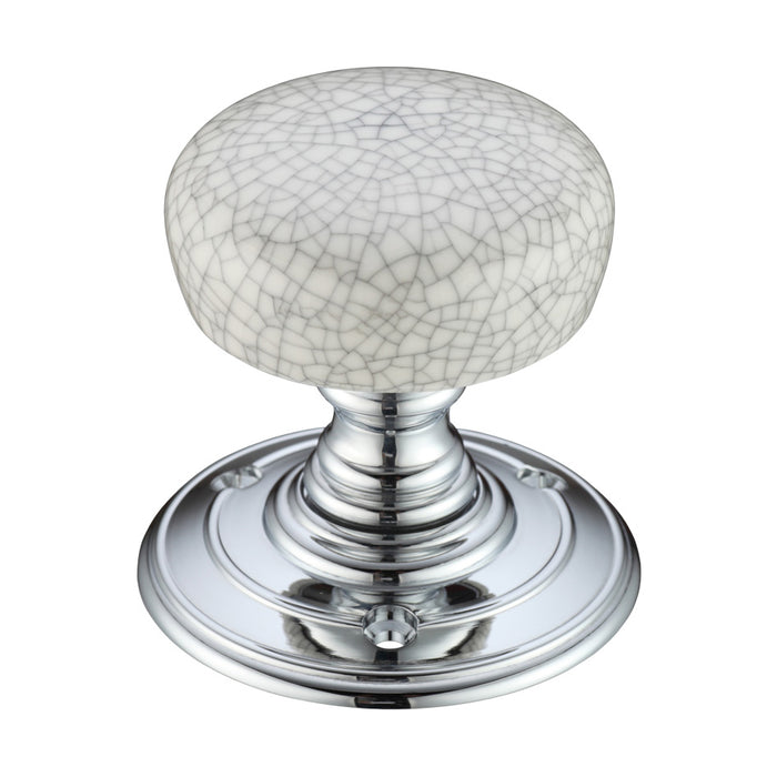 Porcelain Mortice Knob on Round Rose - Grey Crackle - Face Fix / Chrome