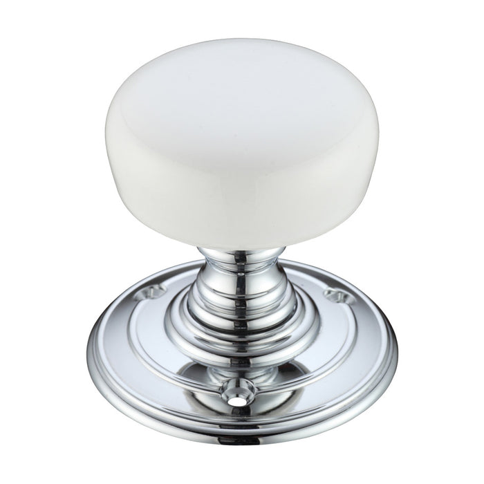 Porcelain Mortice Knob on Round Rose - Plain White - Face Fix / White