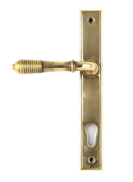 From The Anvil Handles Aged Brass Aged Brass Reeded Slimeline Lever Espag Lock Set